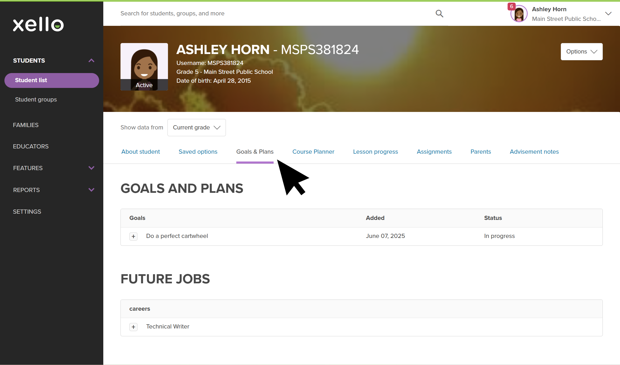 Click to enlarge Educator account in Xello. A grade 5 student profile is open. The cursor has clicked on Goals & Plans. The student's added goals and future jobs are listed